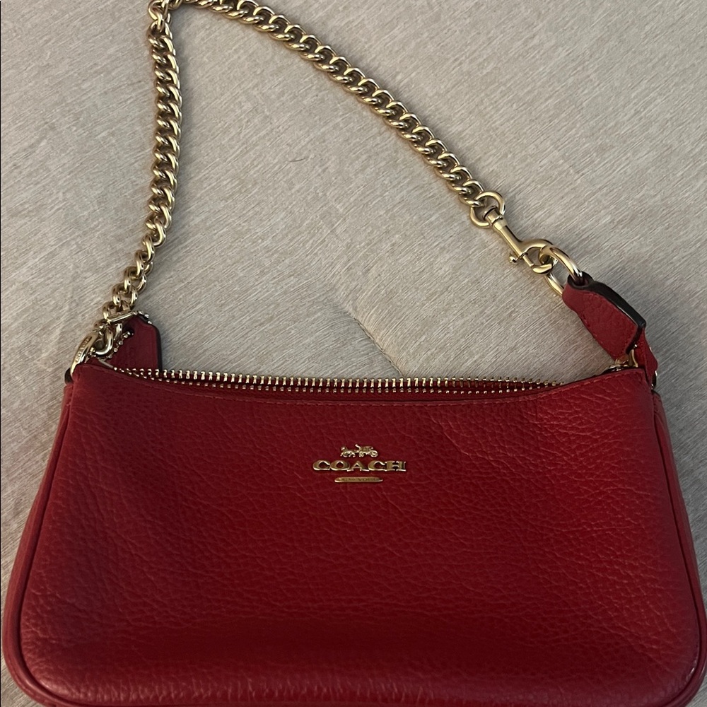 Coach Red Leather Clutch with Gold Chain